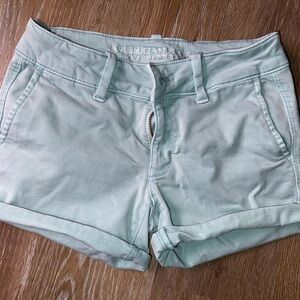 American Eagle AEO Twill Midi Shorts Teal Low Rise Super Stretch Cuffed Size 00
